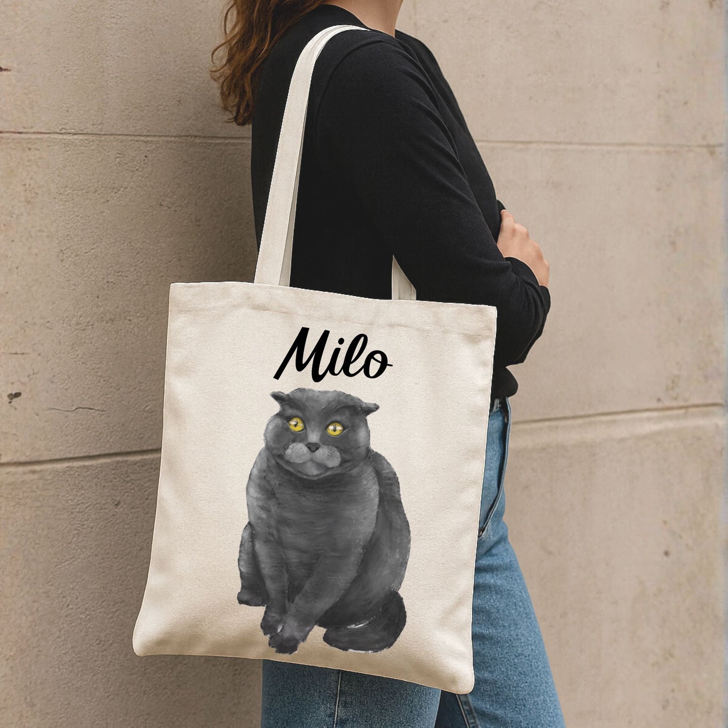 Gray Cat Sitting Canvas Tote Bag - MerikaArt