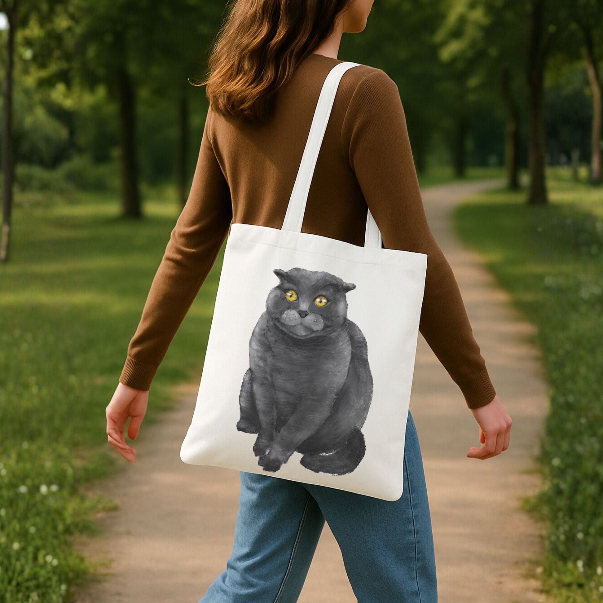 Gray Cat Sitting Canvas Tote Bag - MerikaArt
