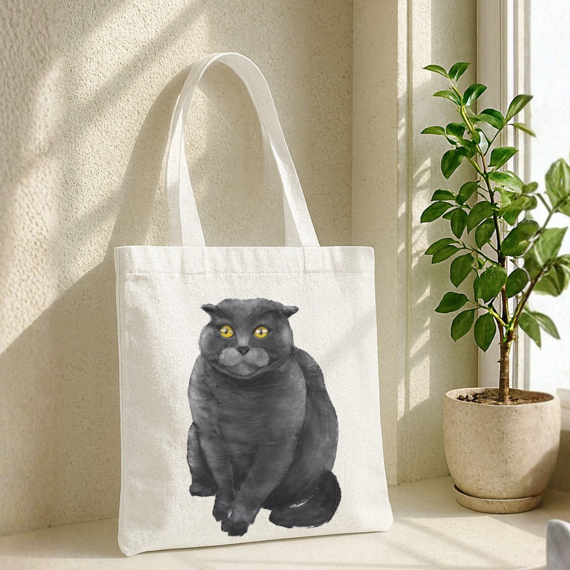 Gray Cat Sitting Canvas Tote Bag - MerikaArt
