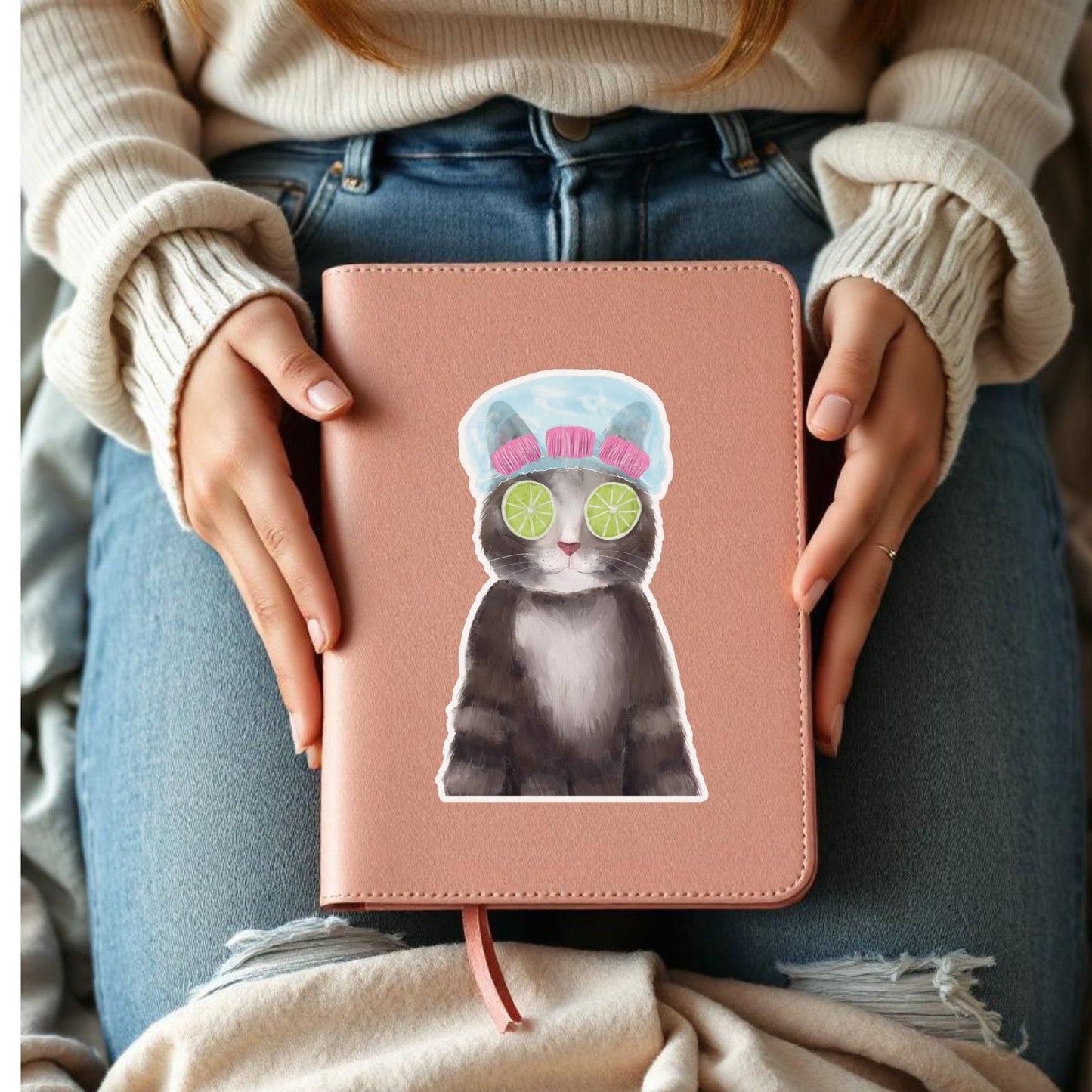 Gray Cat Spa Day Vinyl Sticker - MerikaArt