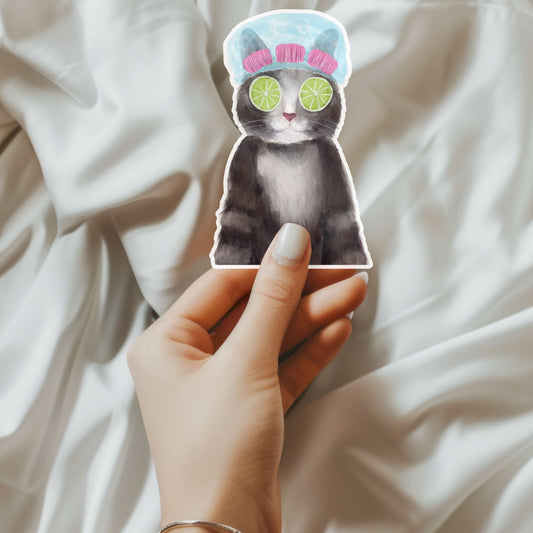 Gray Cat Spa Day Vinyl Sticker - MerikaArt