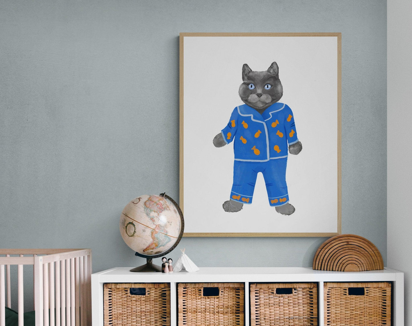 Gray Cat Wearing Blue Pajamas Print - MerikaArt