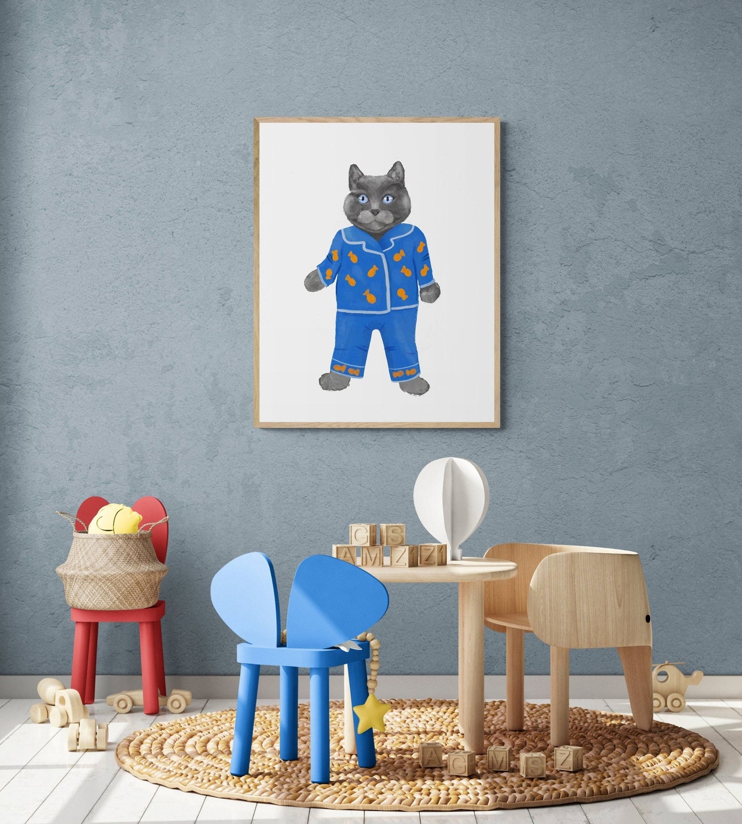 Gray Cat Wearing Blue Pajamas Print - MerikaArt