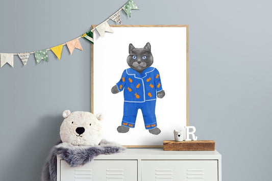 Gray Cat Wearing Blue Pajamas Print - MerikaArt