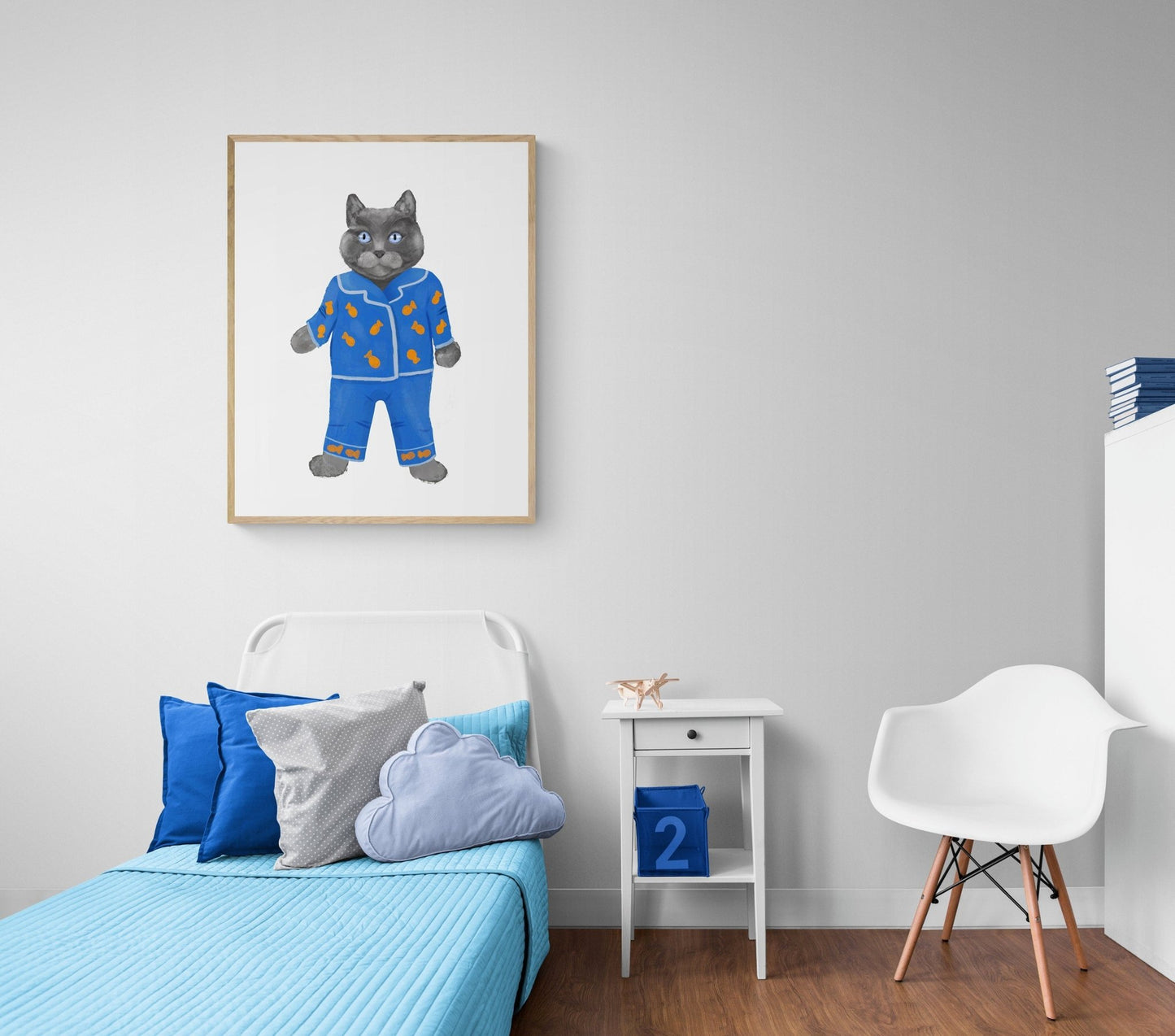 Gray Cat Wearing Blue Pajamas Print - MerikaArt