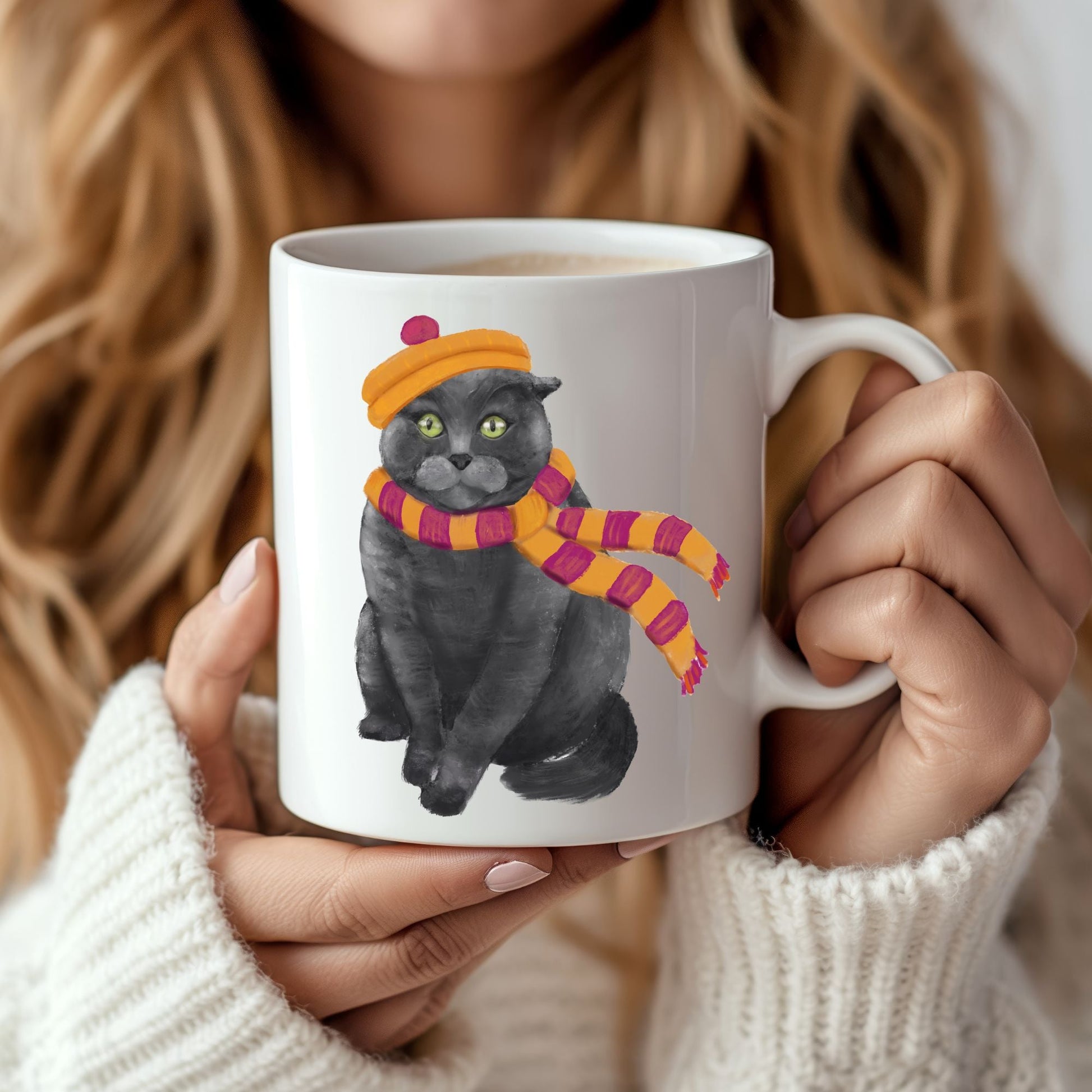 Gray Cat Winter Mug - MerikaArt