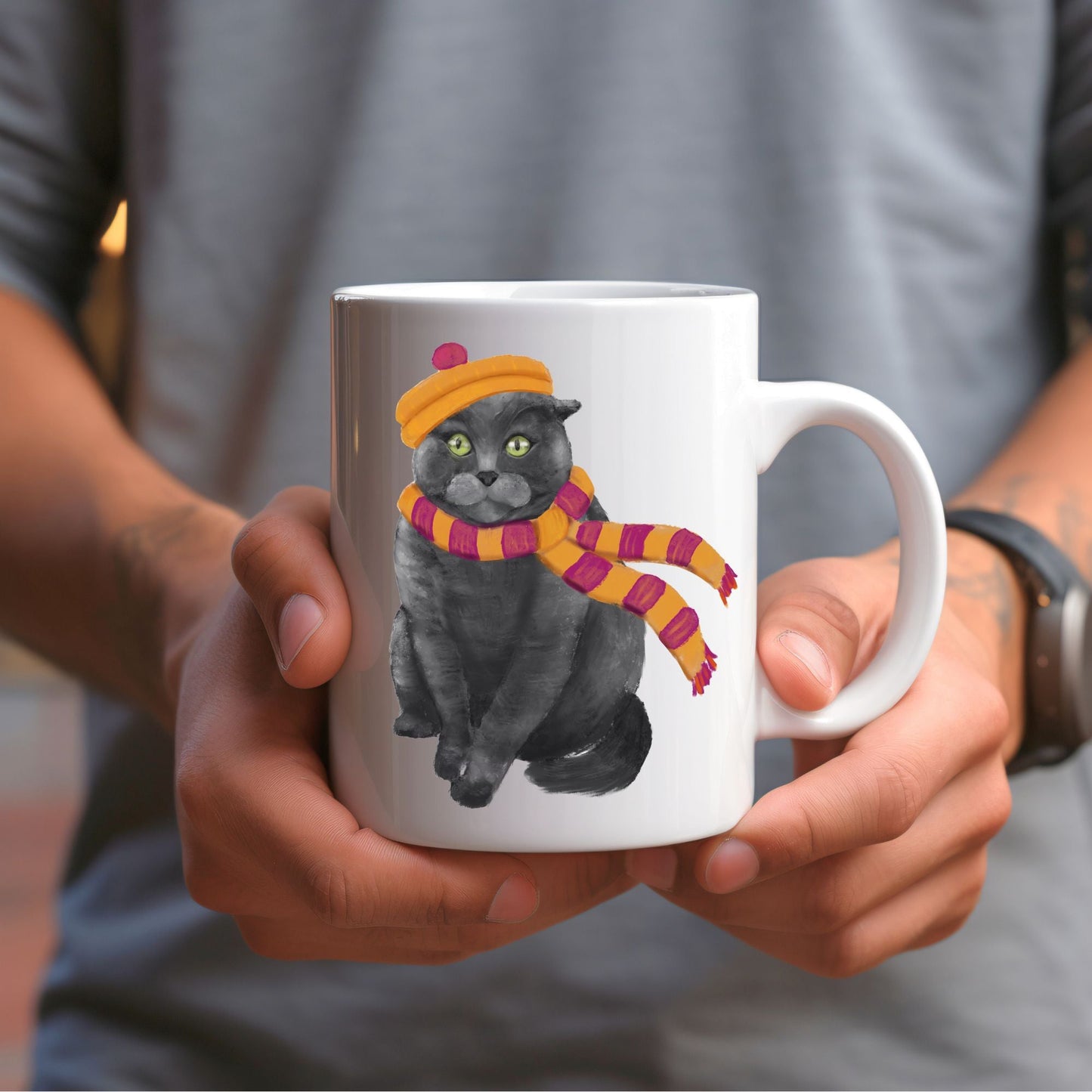 Gray Cat Winter Mug - MerikaArt