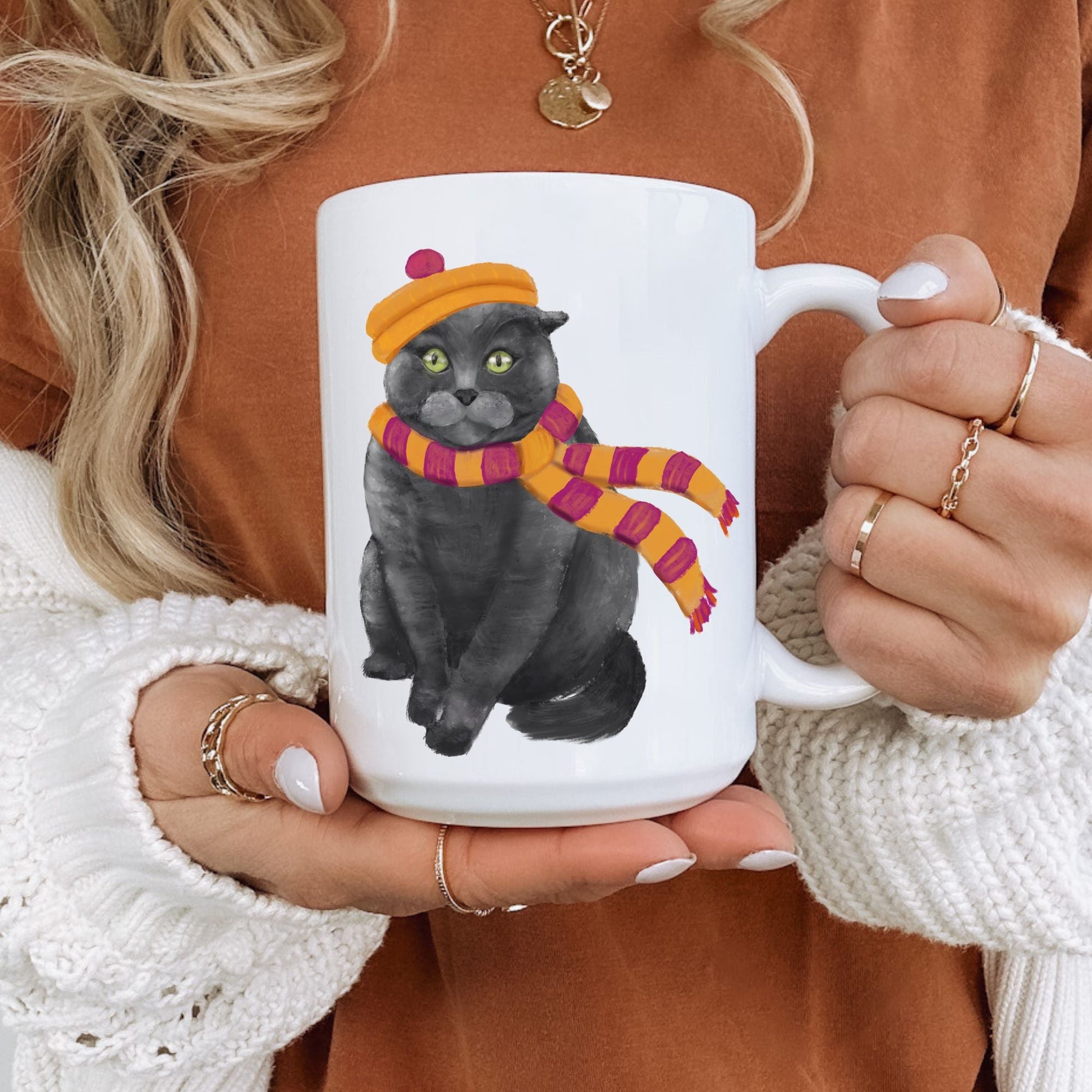 Gray Cat Winter Mug - MerikaArt