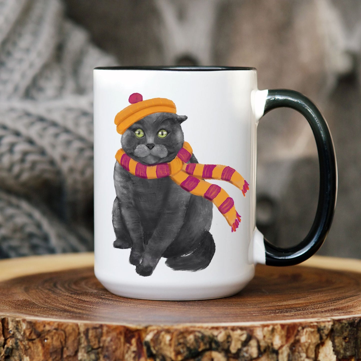 Gray Cat Winter Mug - MerikaArt