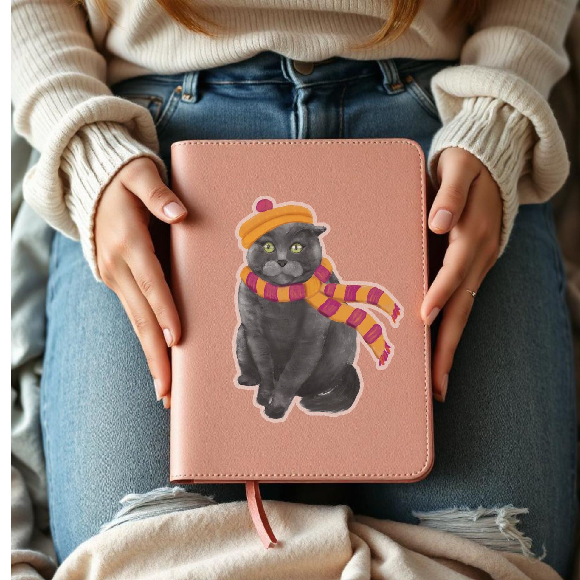 Gray Cat Winter Sticker - MerikaArt