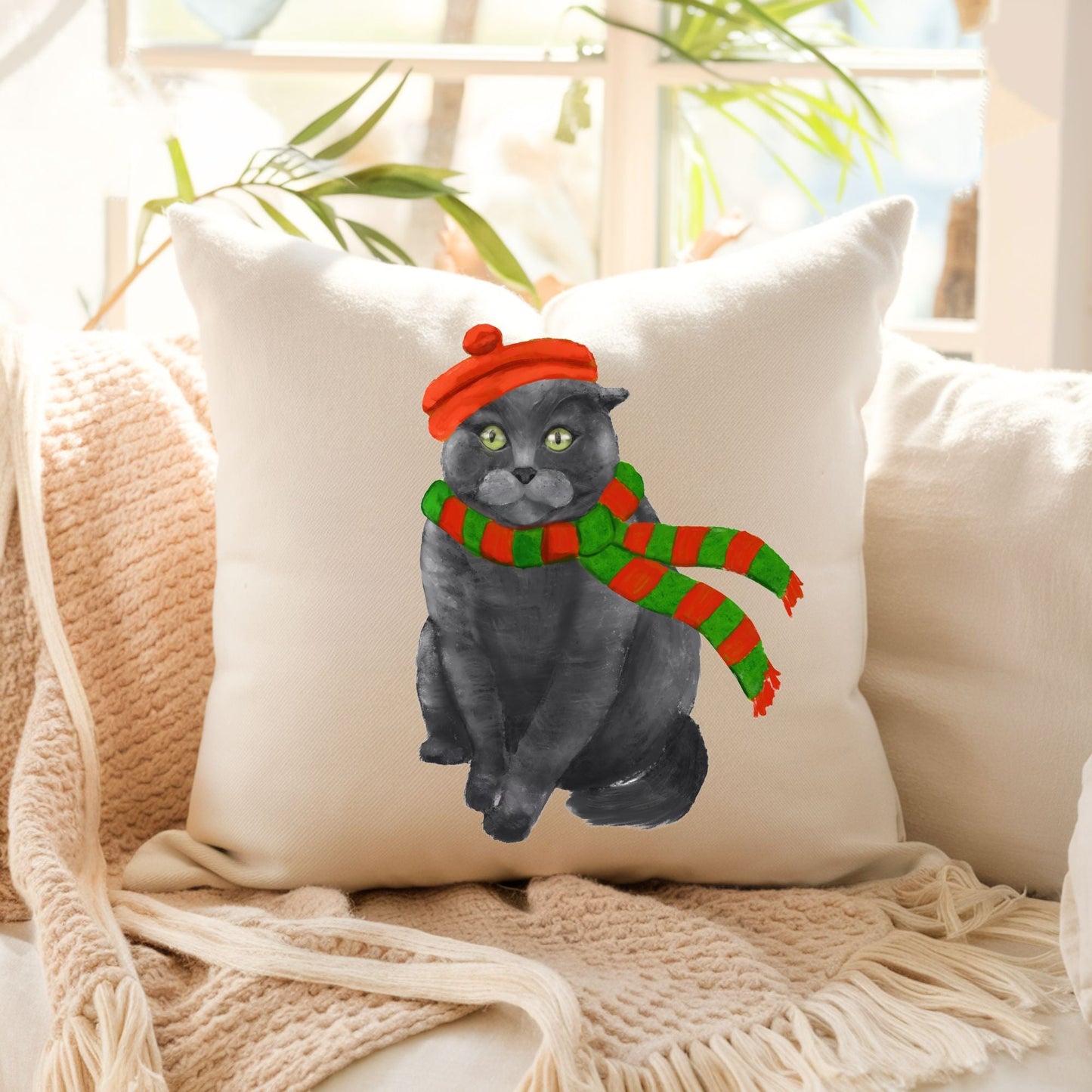 Gray Cat with Christmas Scarf Pillow - MerikaArt