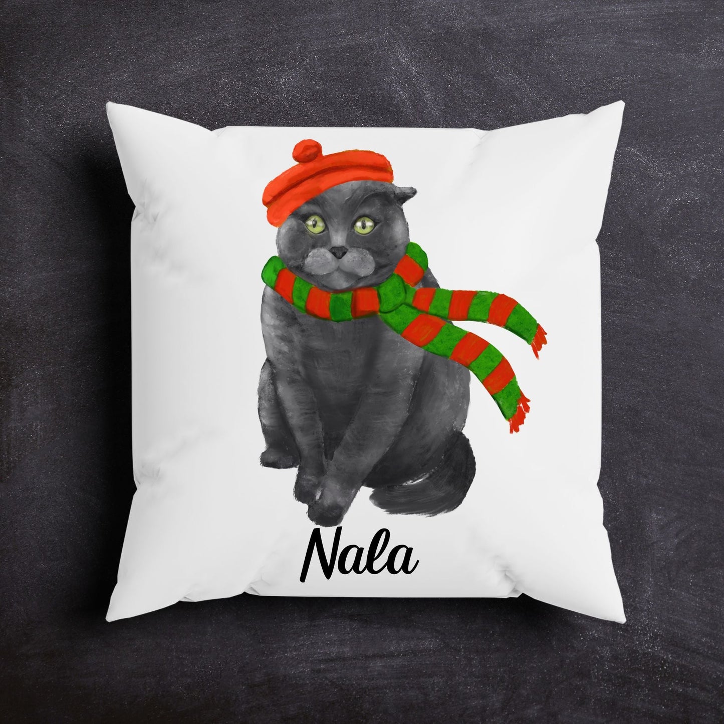 Gray Cat with Christmas Scarf Pillow - MerikaArt
