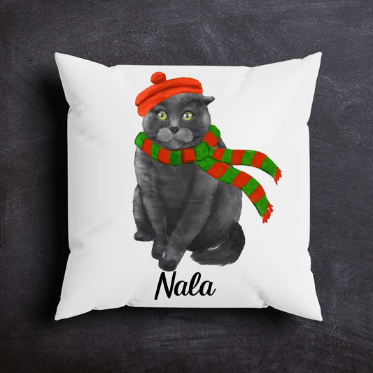 Gray Cat with Christmas Scarf Pillow - MerikaArt