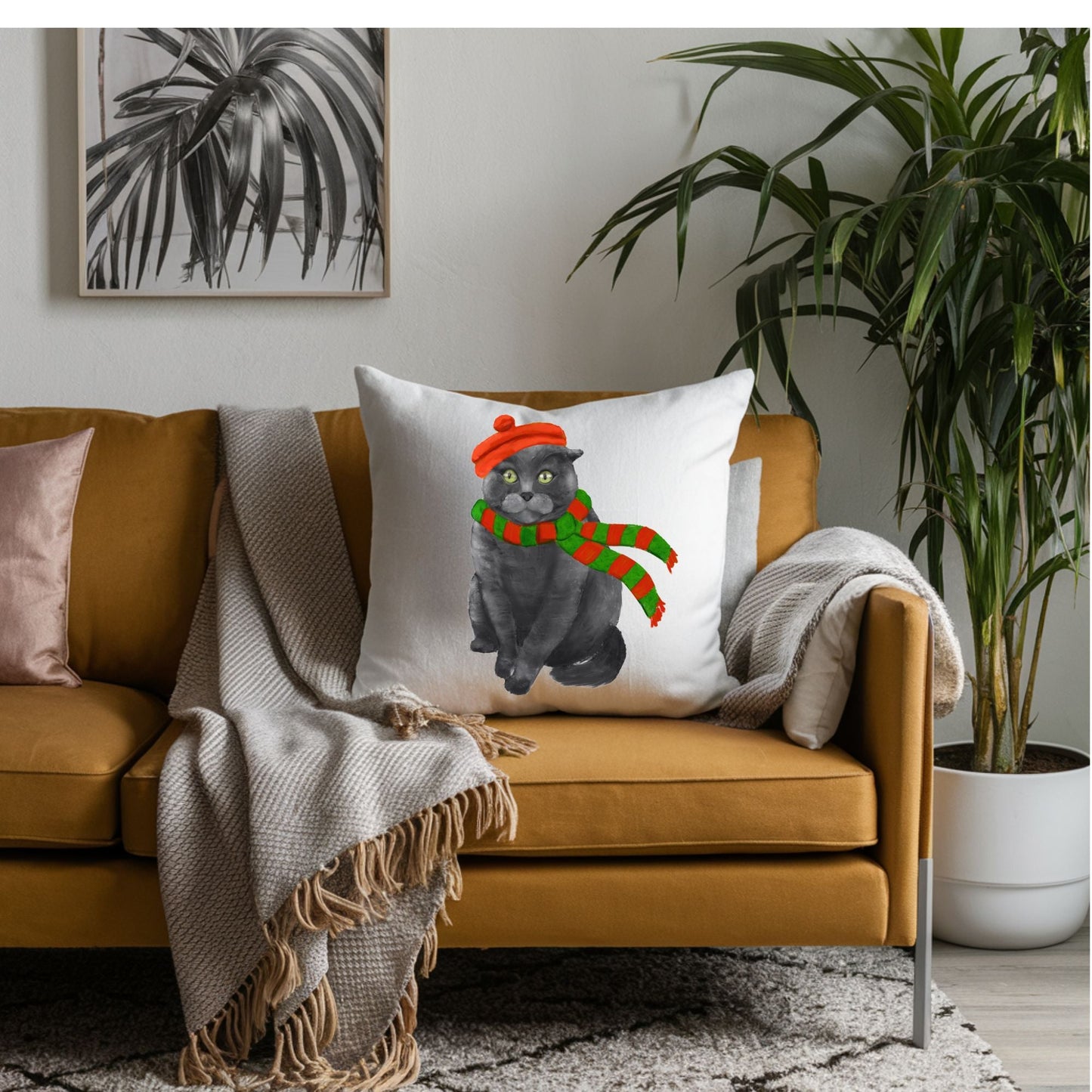 Gray Cat with Christmas Scarf Pillow - MerikaArt