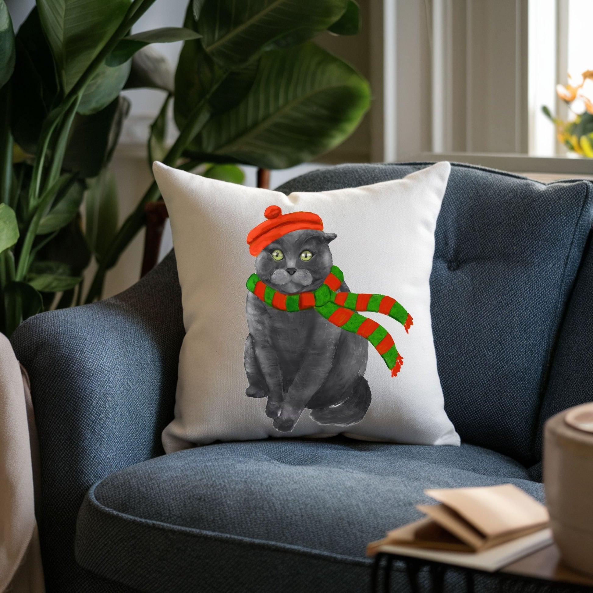 Gray Cat with Christmas Scarf Pillow - MerikaArt