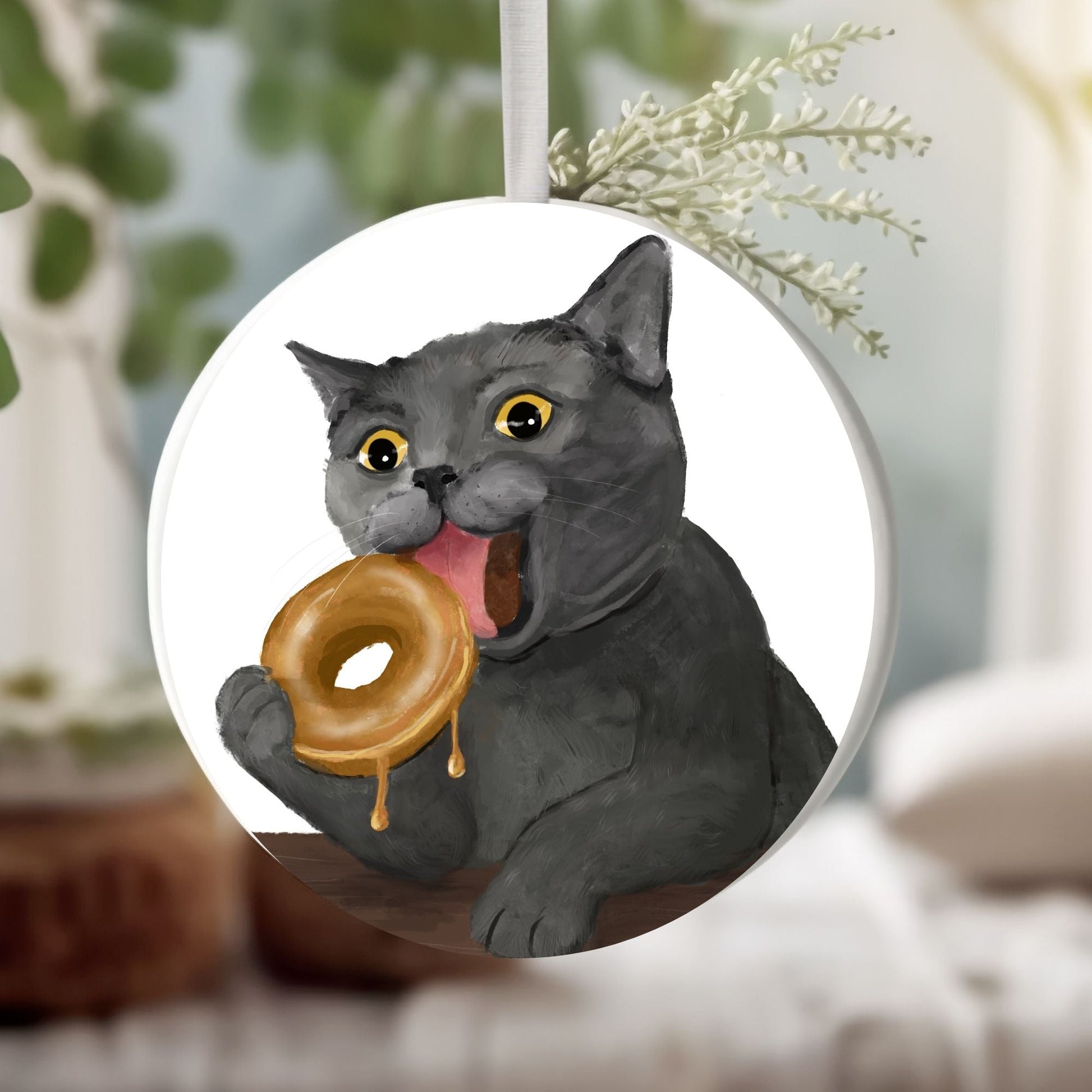 Gray Cat with Donut Ornament - MerikaArt