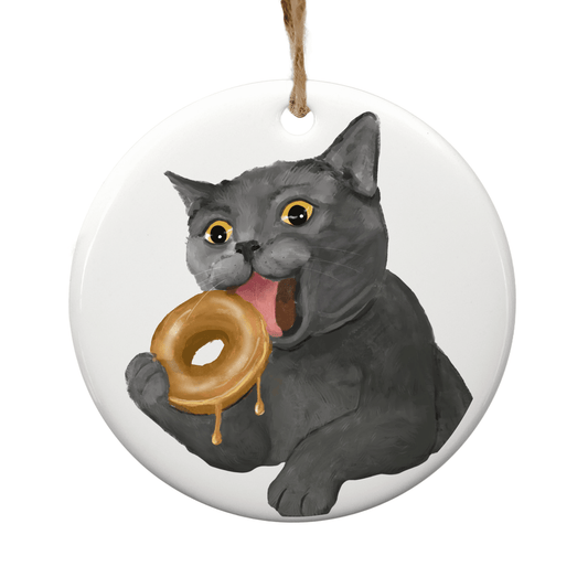 Gray Cat with Donut Ornament - MerikaArt