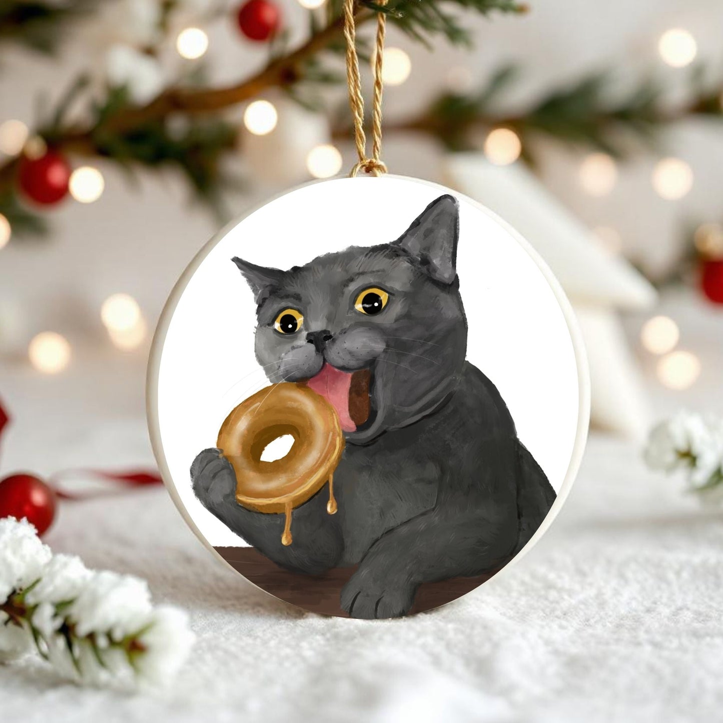 Gray Cat with Donut Ornament - MerikaArt