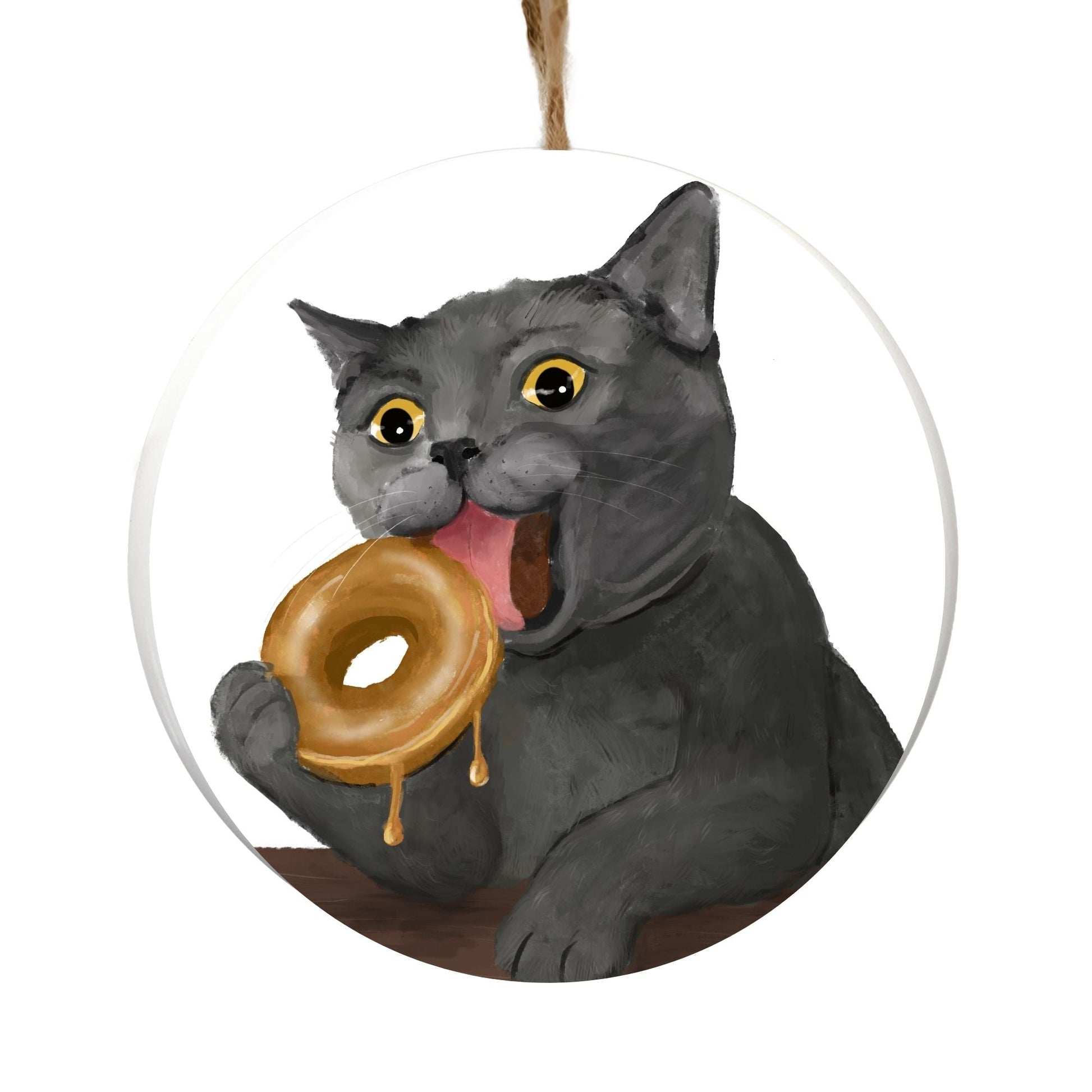 Gray Cat with Donut Ornament - MerikaArt