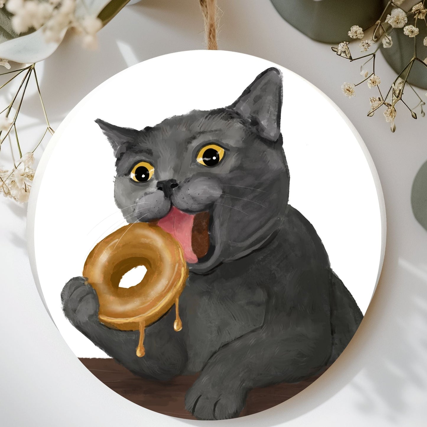 Gray Cat with Donut Ornament - MerikaArt