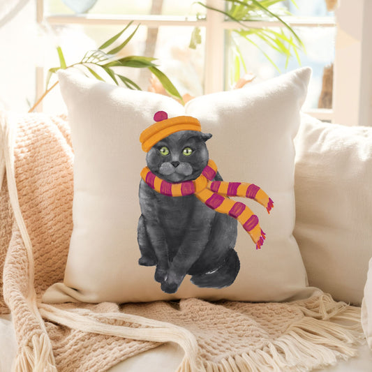 Gray Cat with Scarf Pillow - MerikaArt