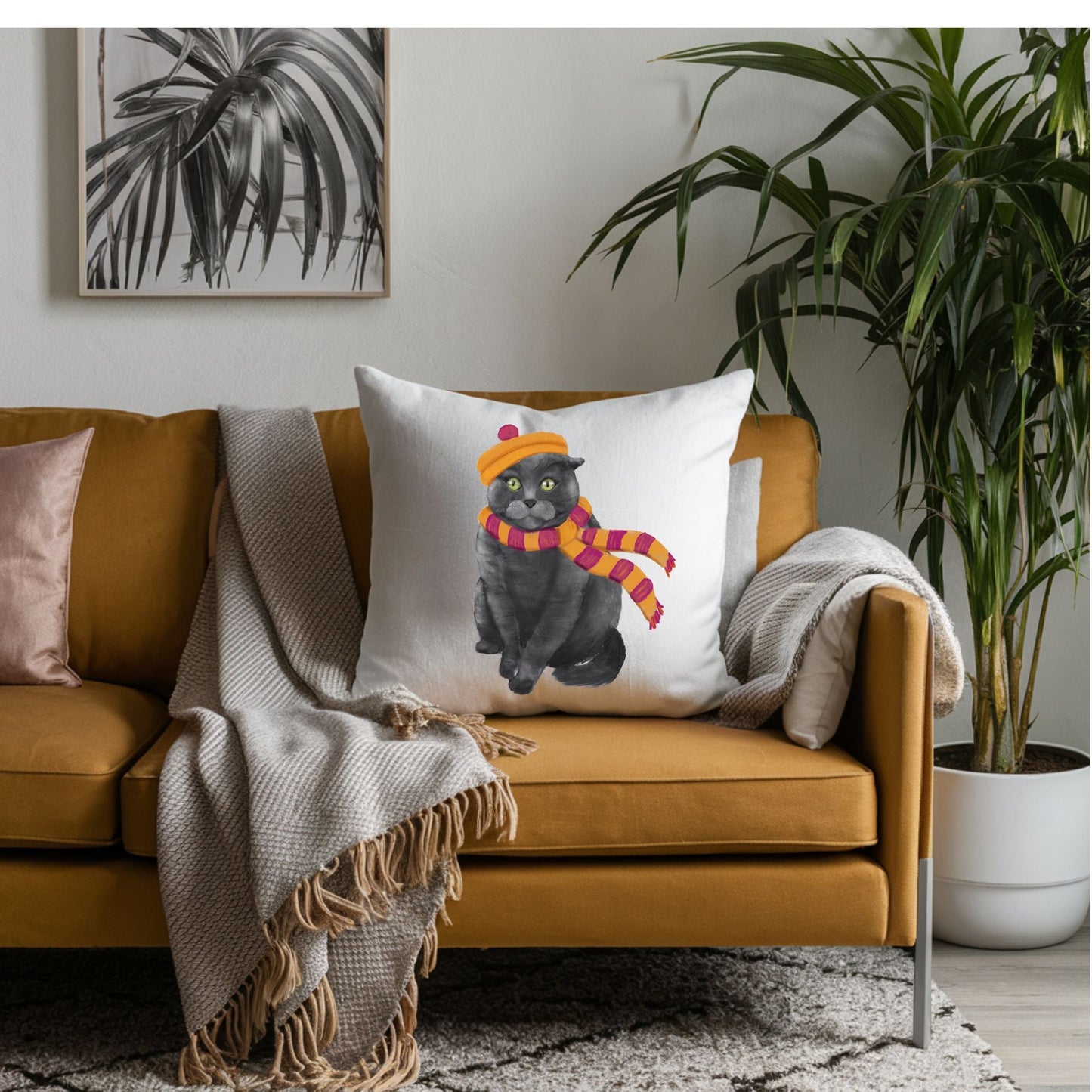 Gray Cat with Scarf Pillow - MerikaArt