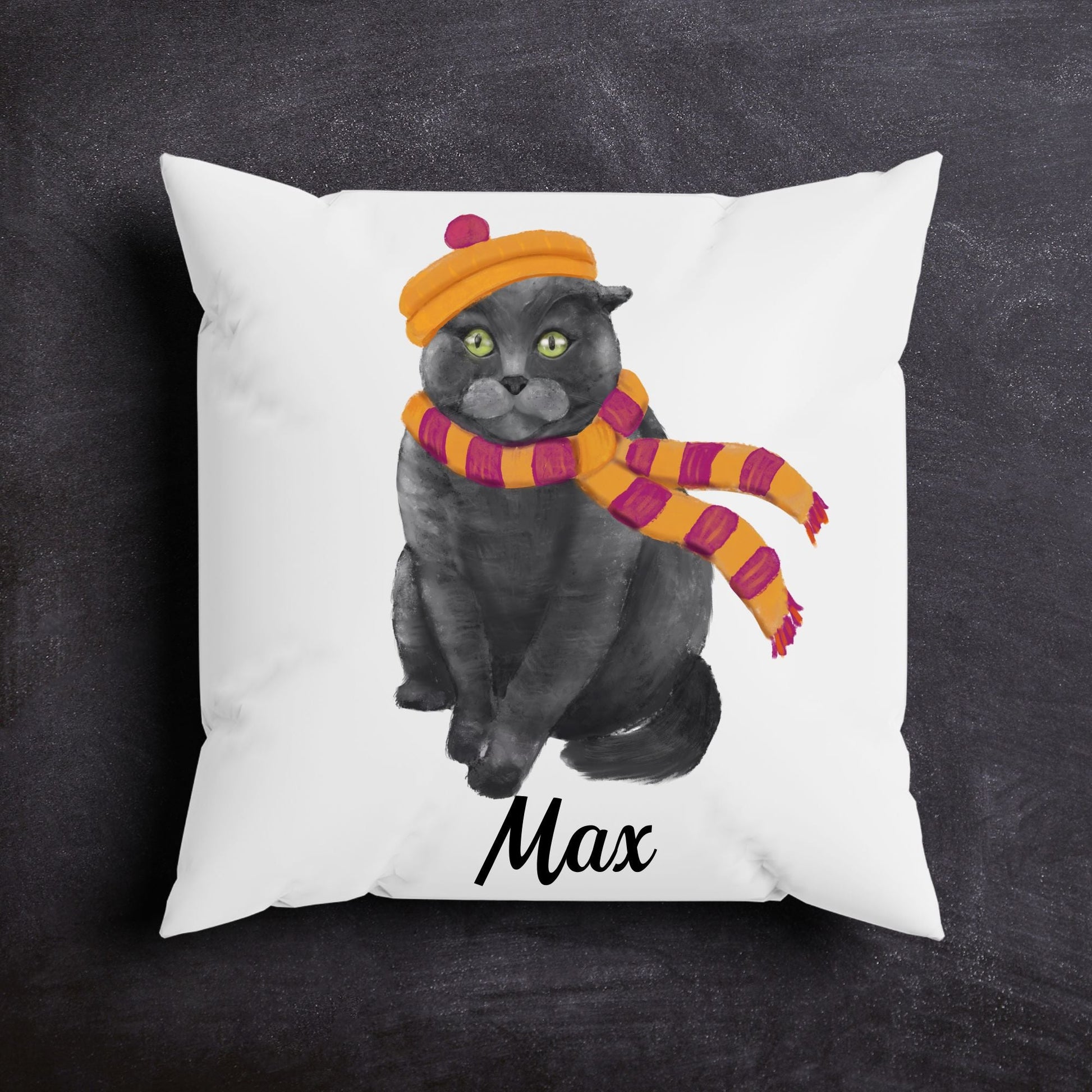 Gray Cat with Scarf Pillow - MerikaArt