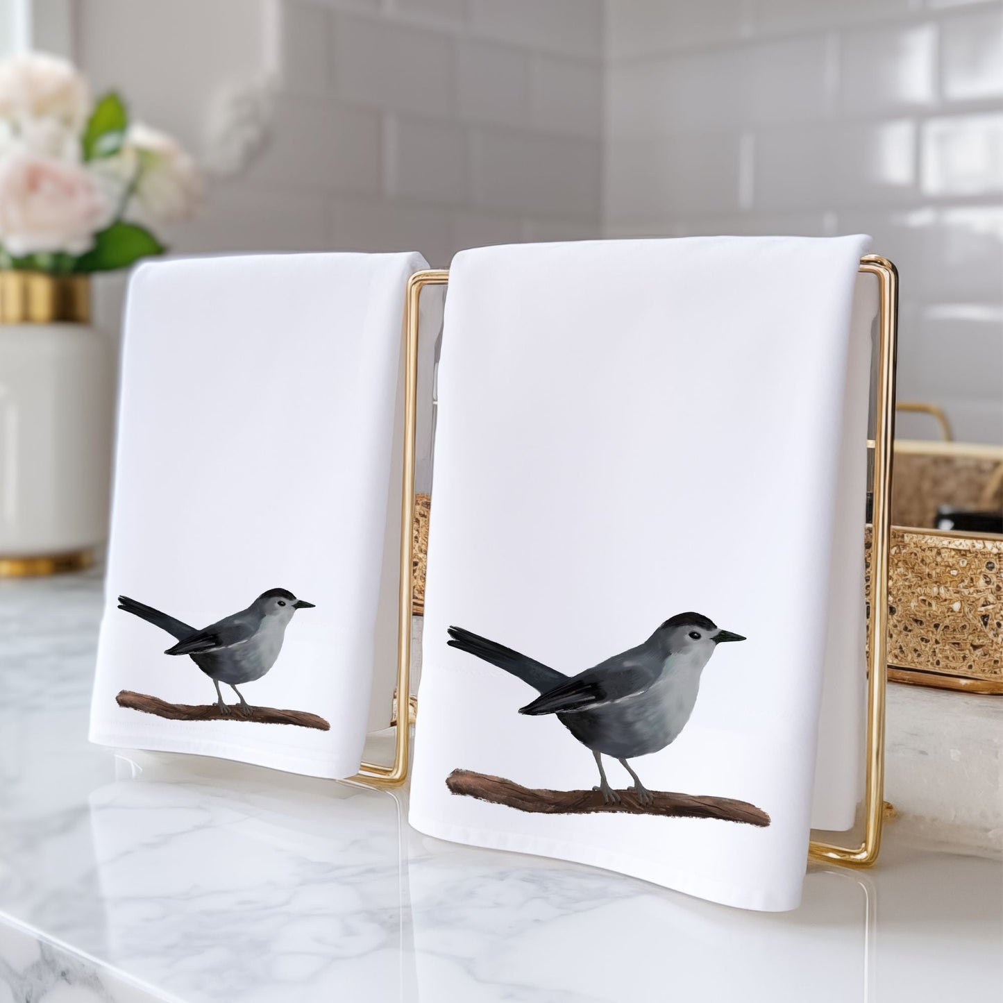 Gray Catbird Bathroom Towel - MerikaArt