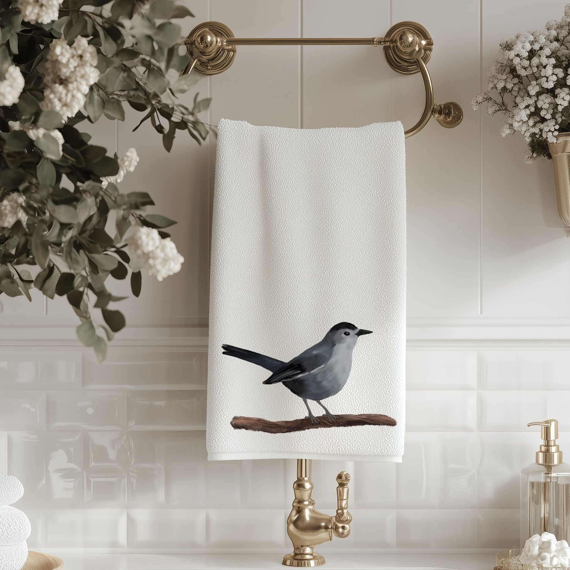 Gray Catbird Bathroom Towel - MerikaArt