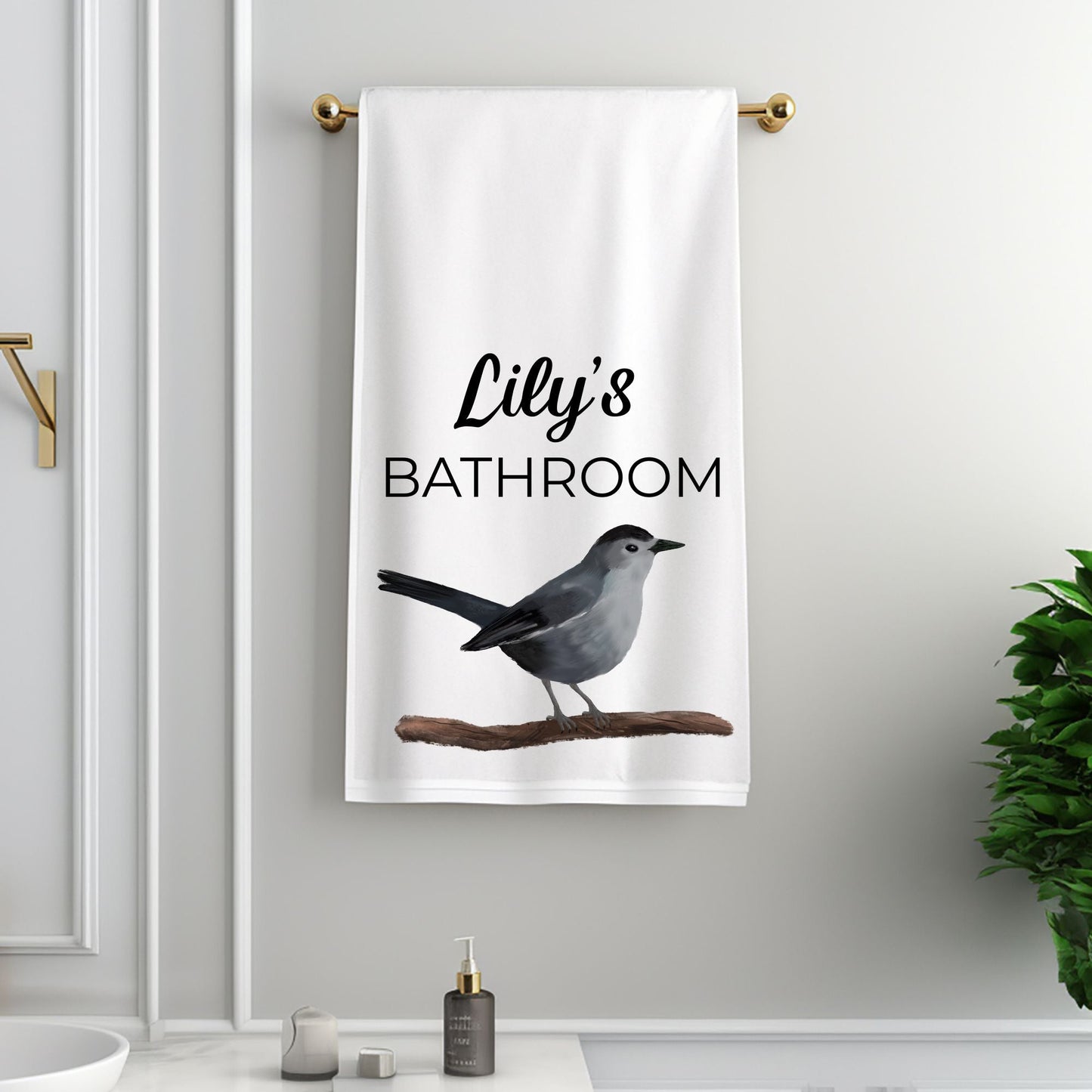 Gray Catbird Bathroom Towel - MerikaArt
