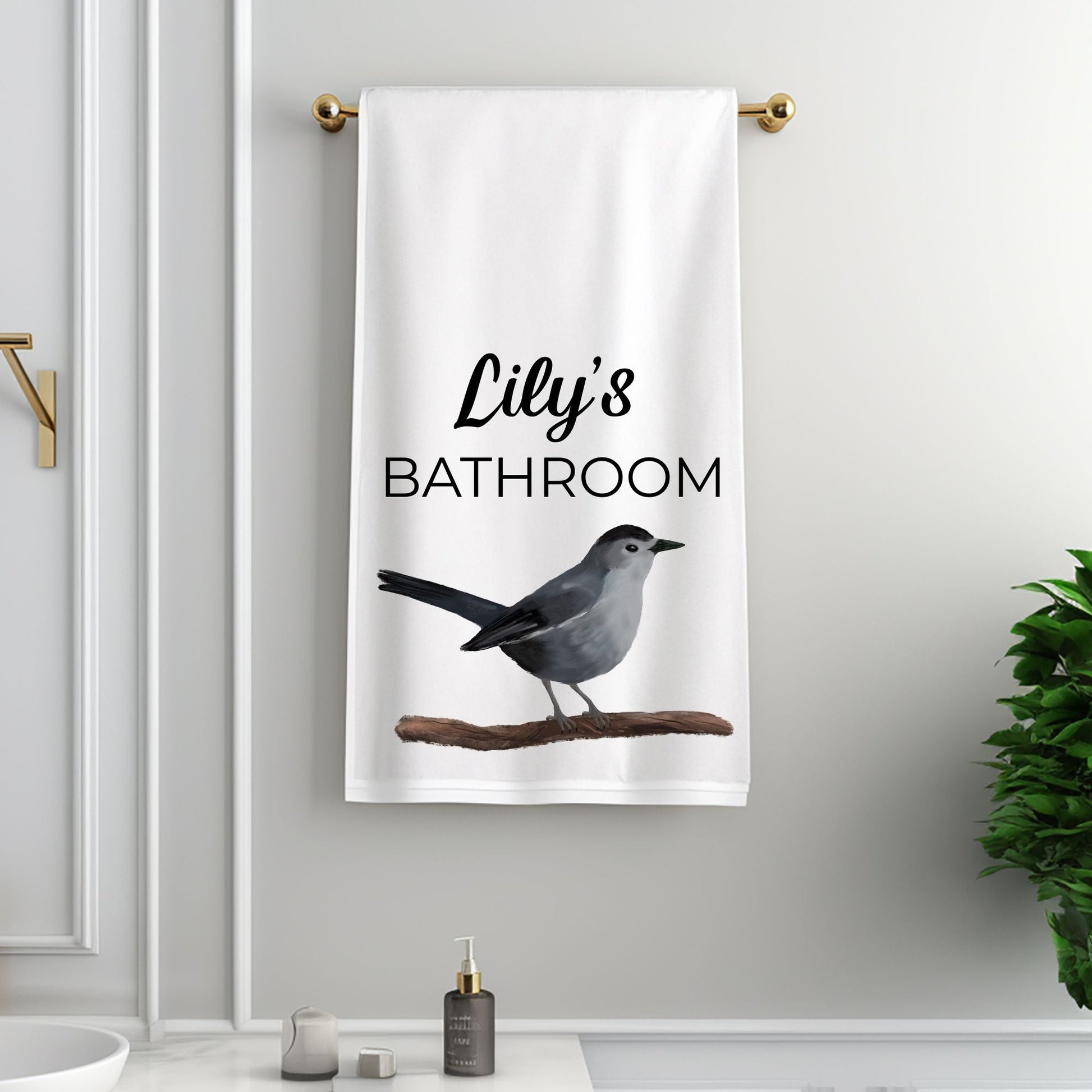 Gray Catbird Bathroom Towel - MerikaArt