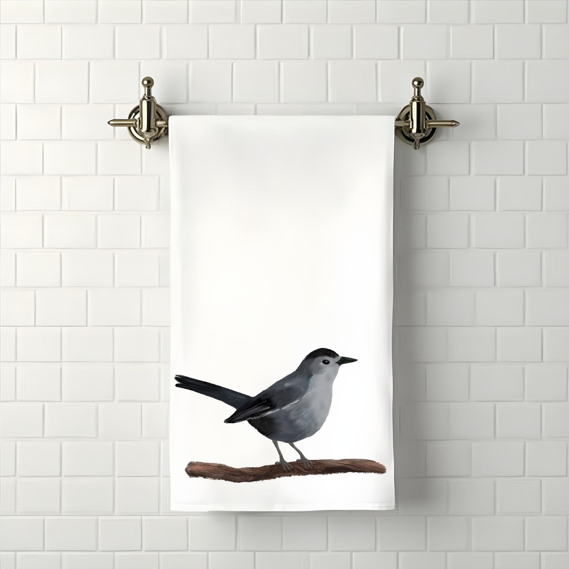 Gray Catbird Bathroom Towel - MerikaArt