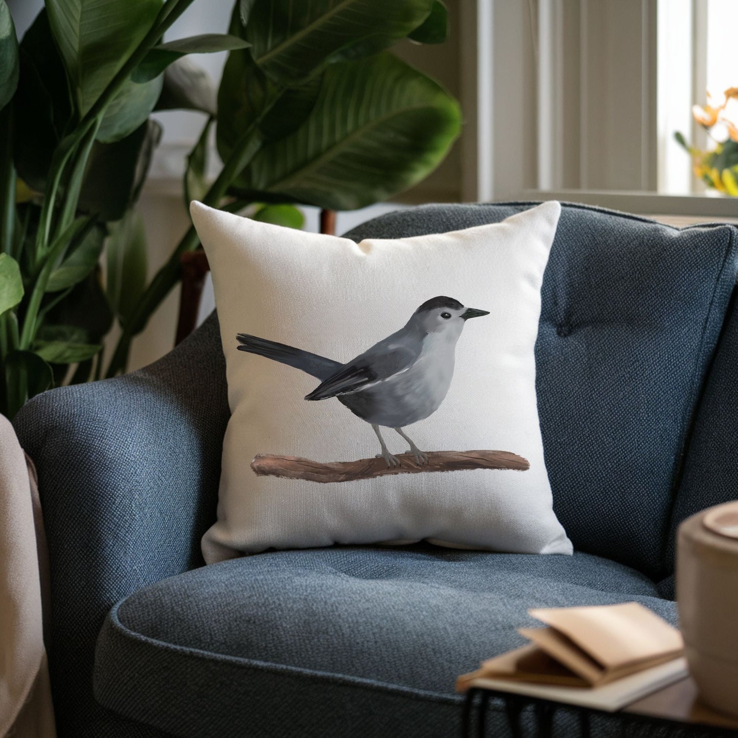 Gray Catbird Bird Pillow - MerikaArt