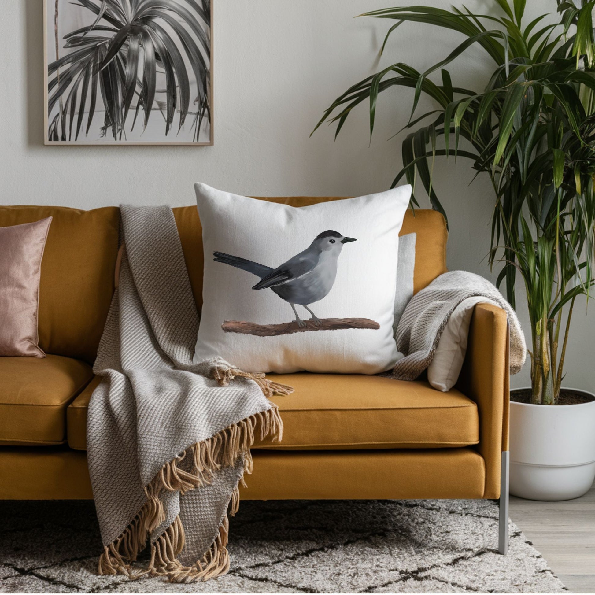 Gray Catbird Bird Pillow - MerikaArt