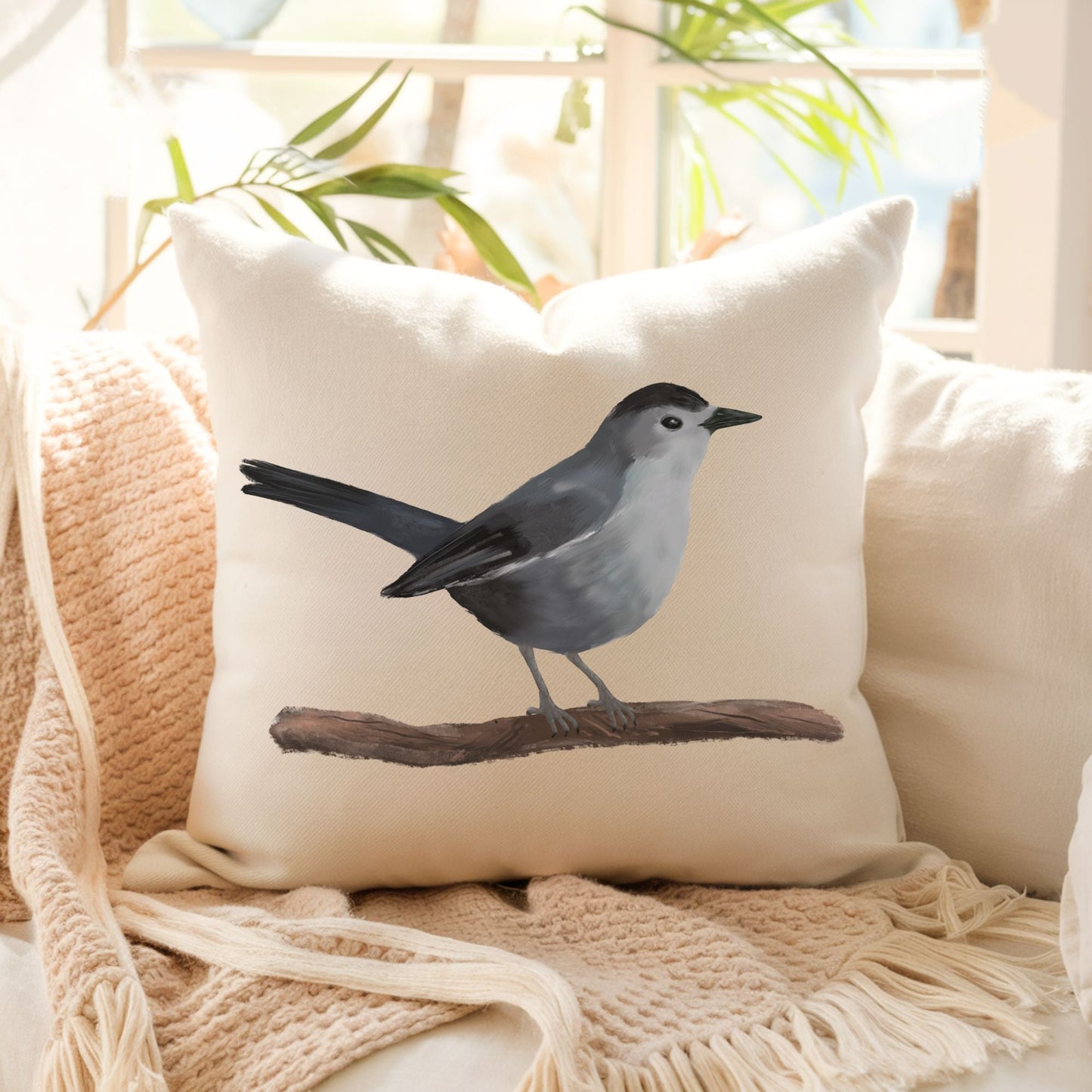 Gray Catbird Bird Pillow - MerikaArt