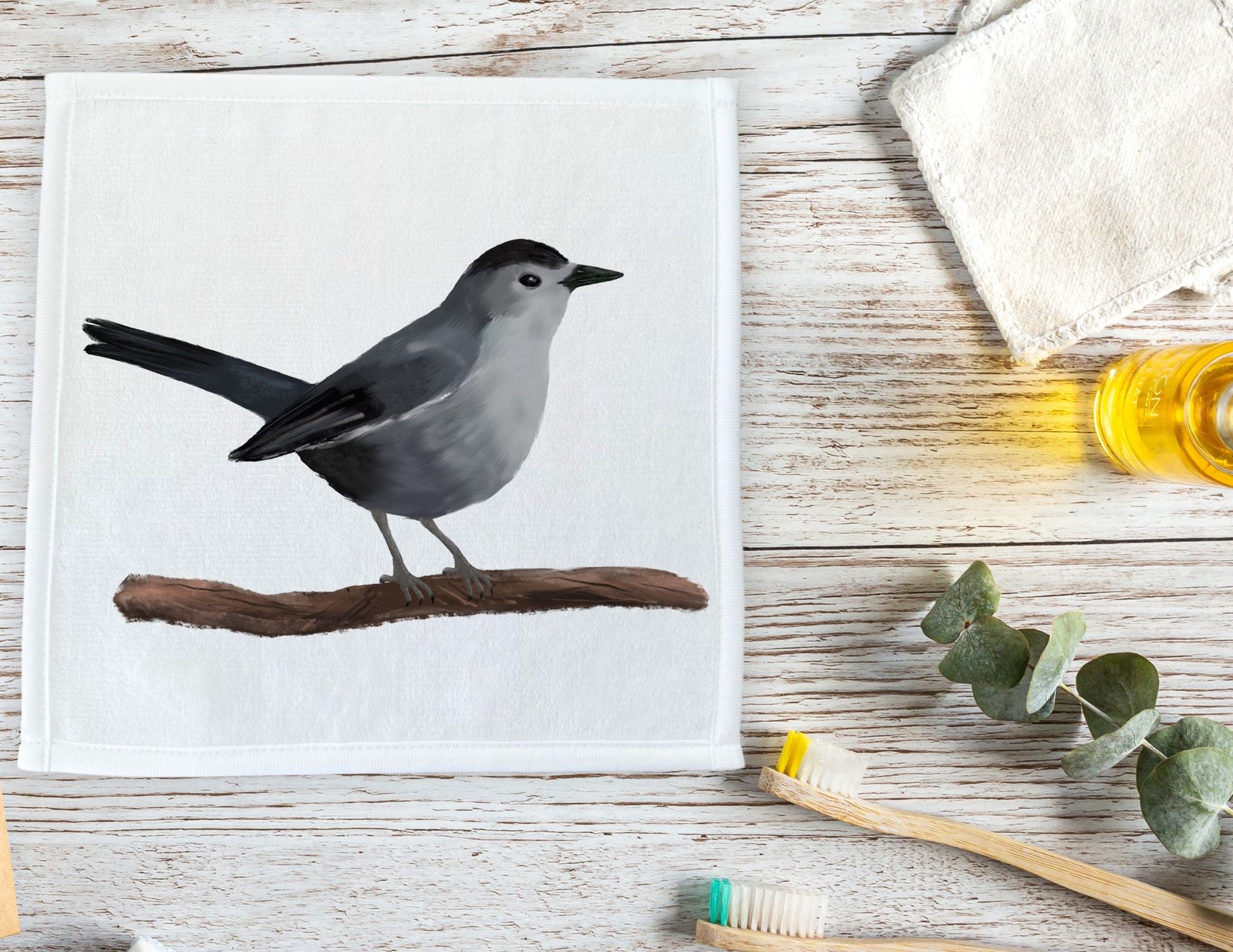 Gray Catbird Bird Washcloth - MerikaArt