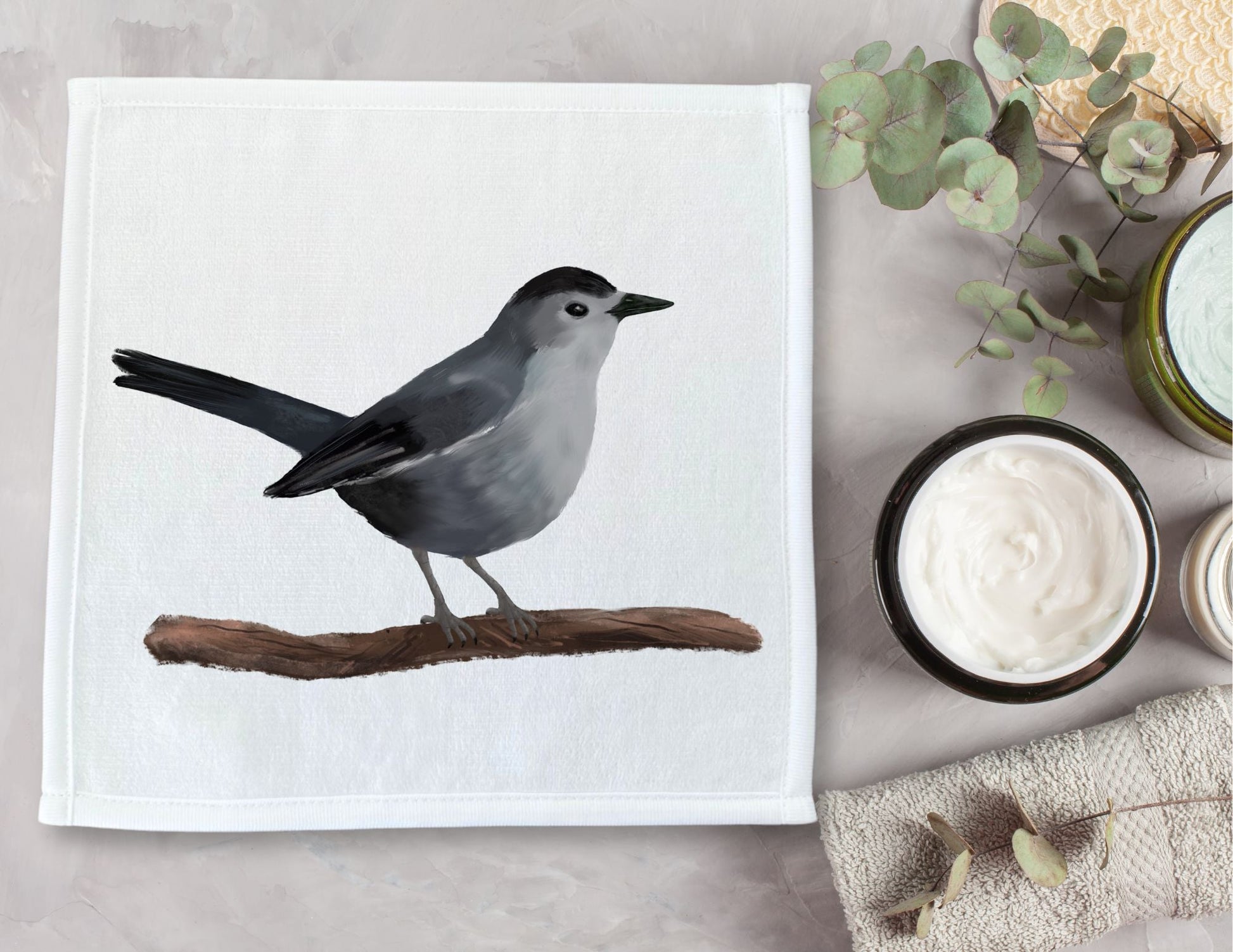 Gray Catbird Bird Washcloth - MerikaArt