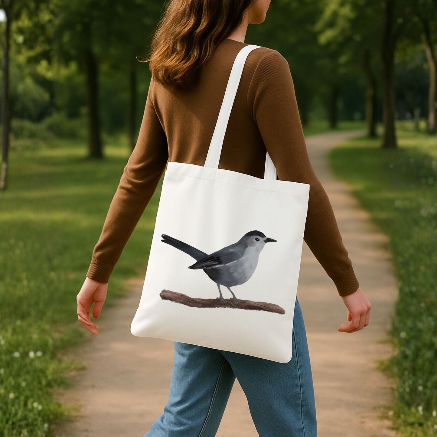 Gray Catbird Canvas Tote Bag - MerikaArt