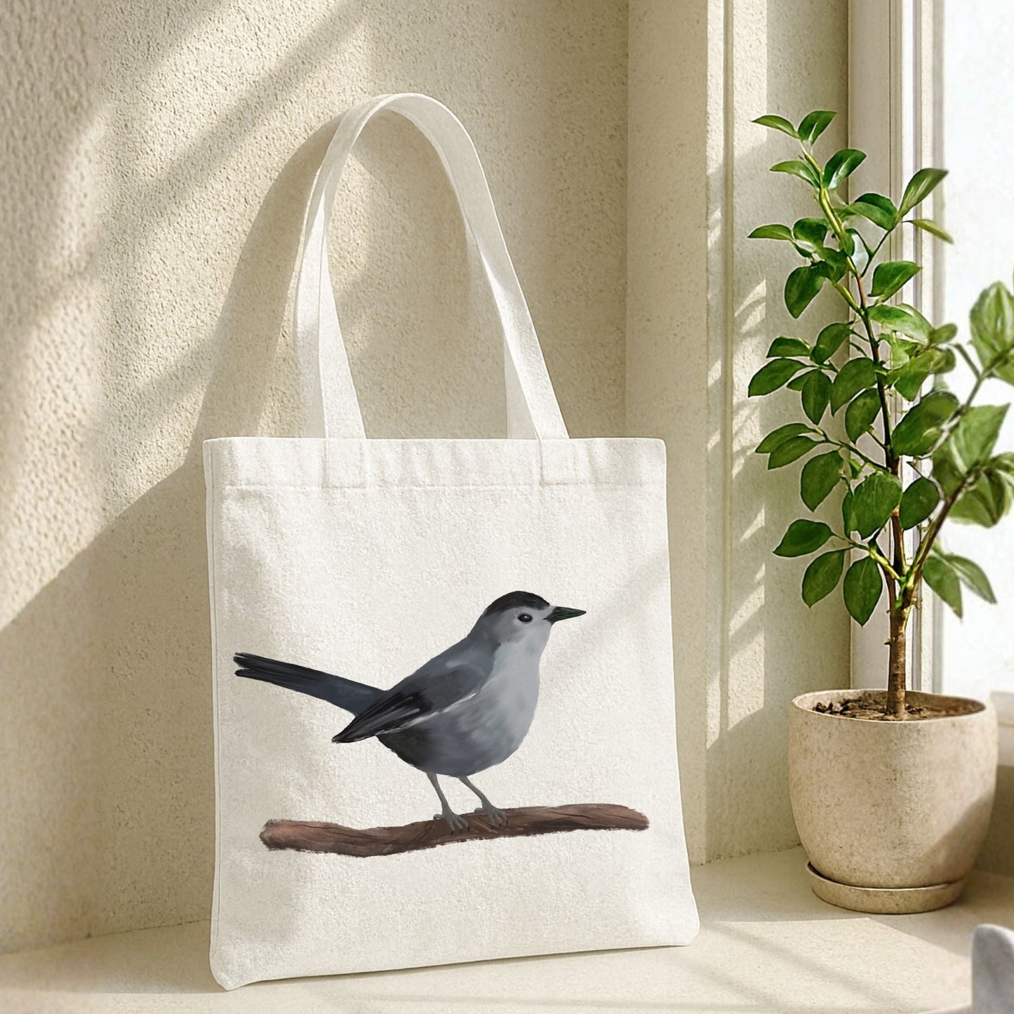 Gray Catbird Canvas Tote Bag - MerikaArt