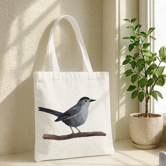 Gray Catbird Canvas Tote Bag - MerikaArt