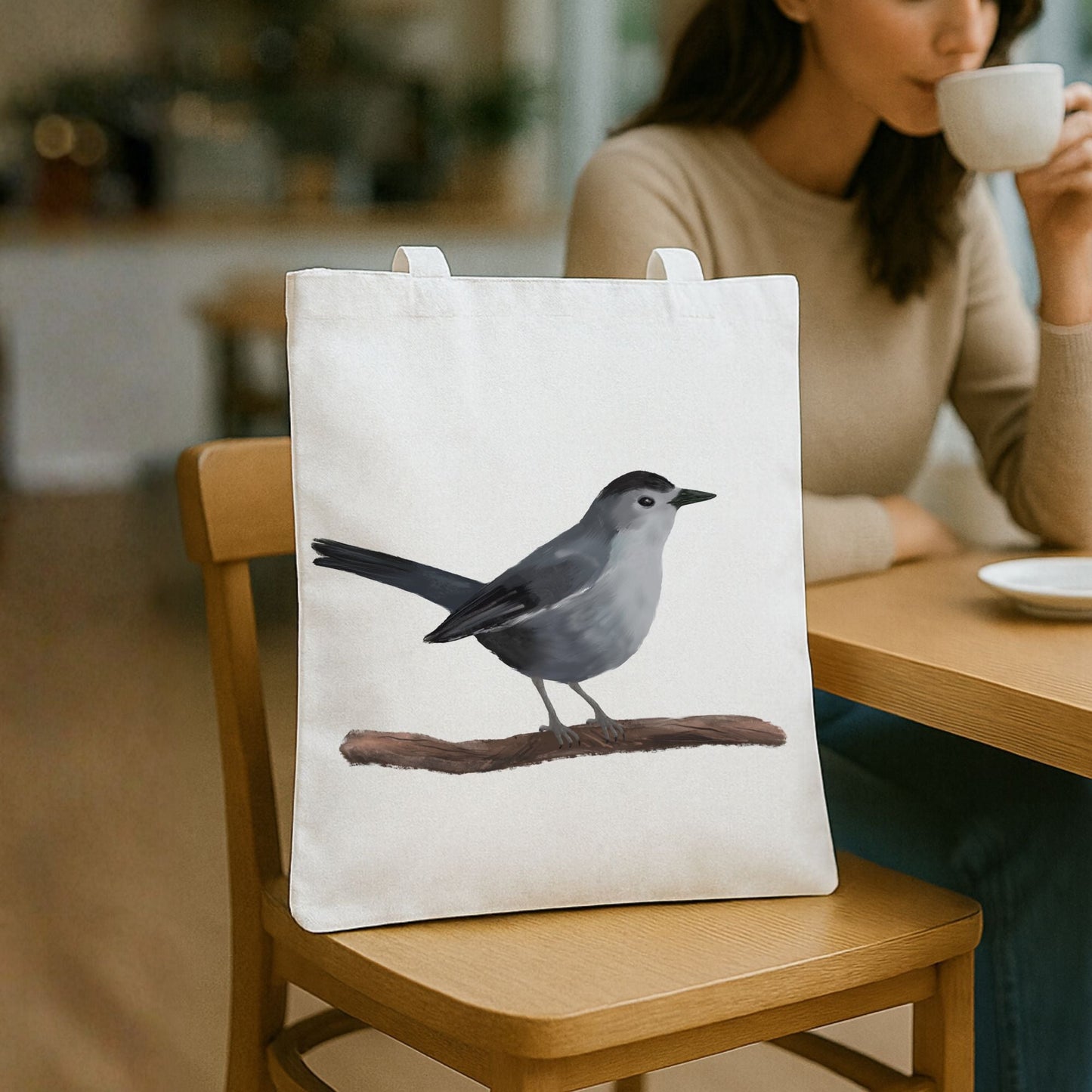 Gray Catbird Canvas Tote Bag - MerikaArt