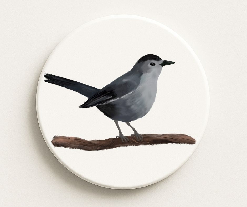 Gray Catbird Ceramic Coaster - MerikaArt
