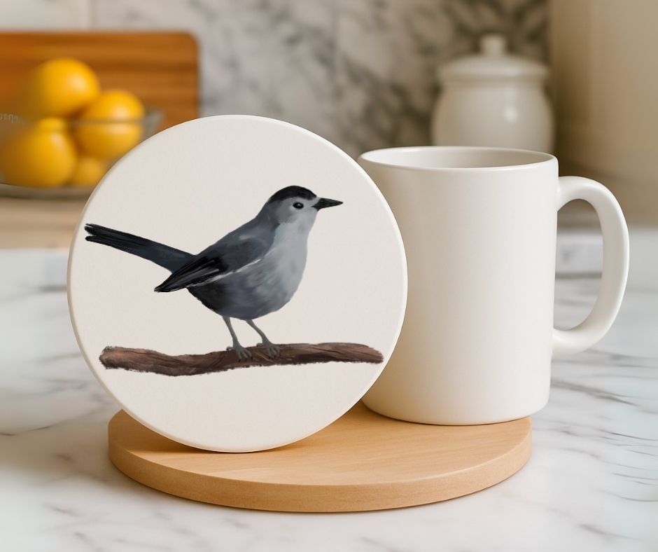 Gray Catbird Ceramic Coaster - MerikaArt