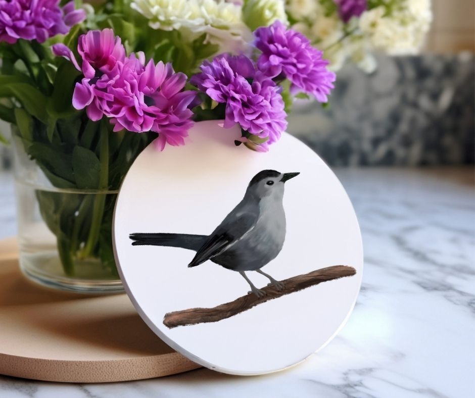 Gray Catbird Ceramic Coaster - MerikaArt