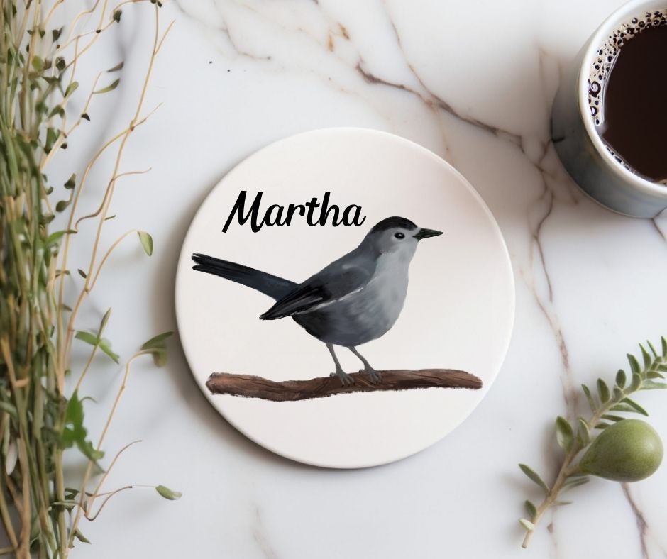Gray Catbird Ceramic Coaster - MerikaArt
