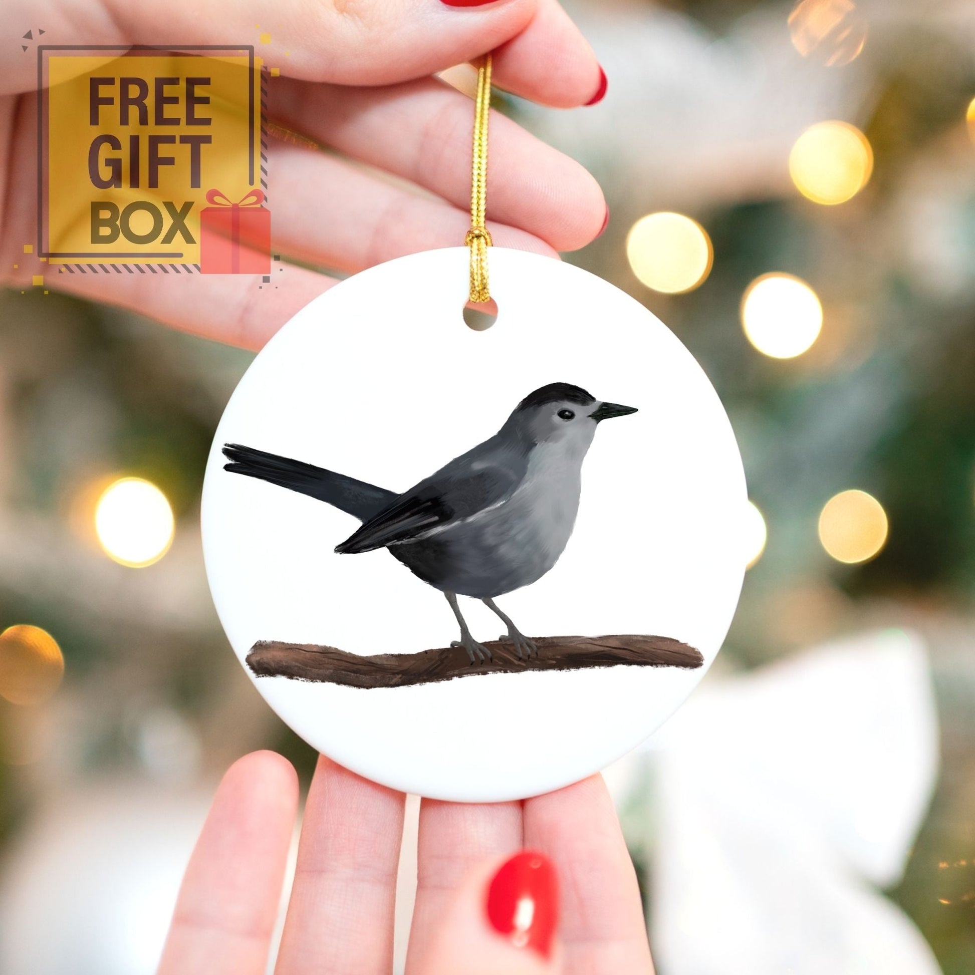 Gray Catbird Ceramic Ornament - MerikaArt