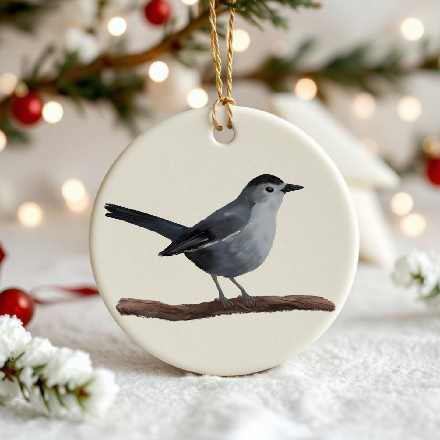 Gray Catbird Ceramic Ornament - MerikaArt