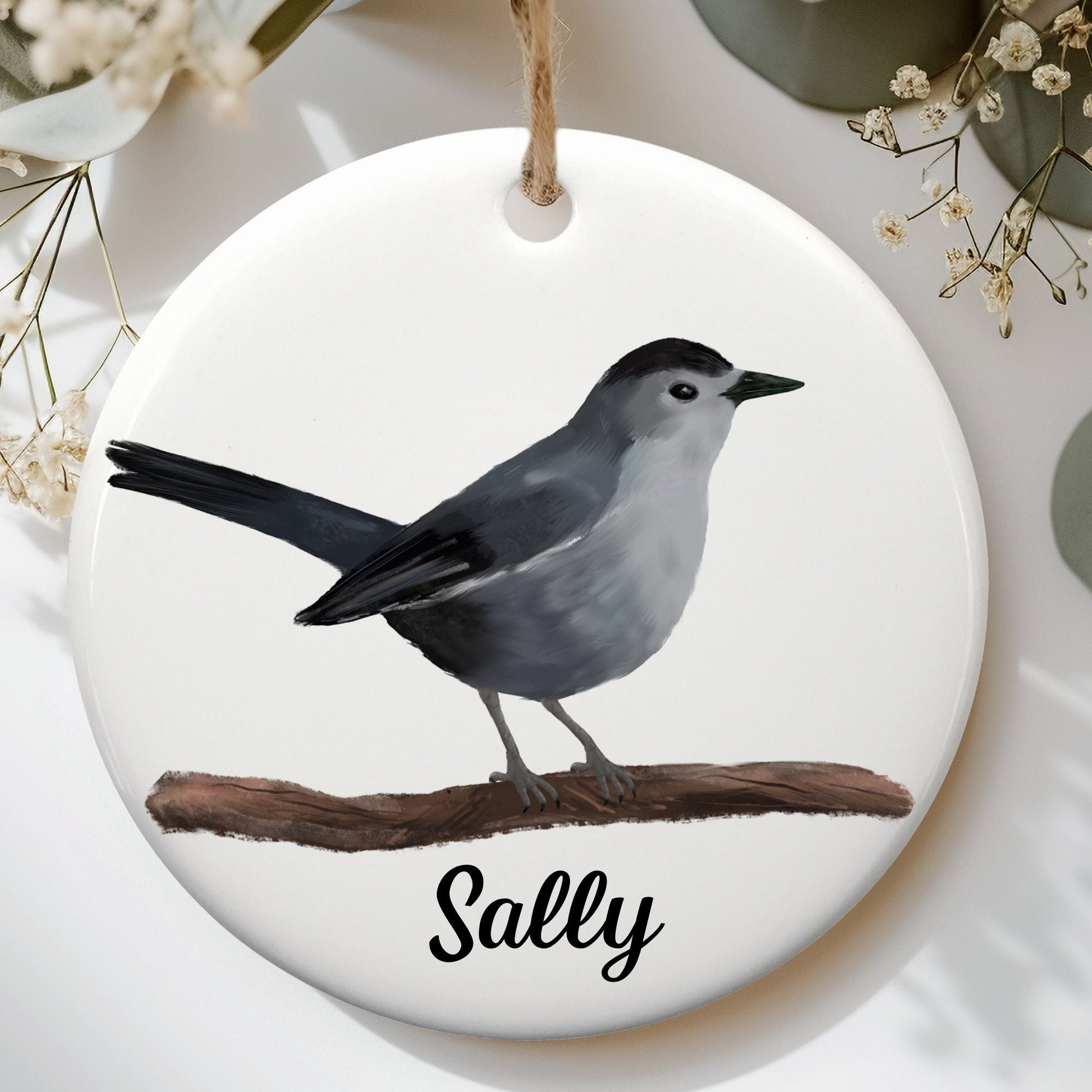 Gray Catbird Ceramic Ornament - MerikaArt