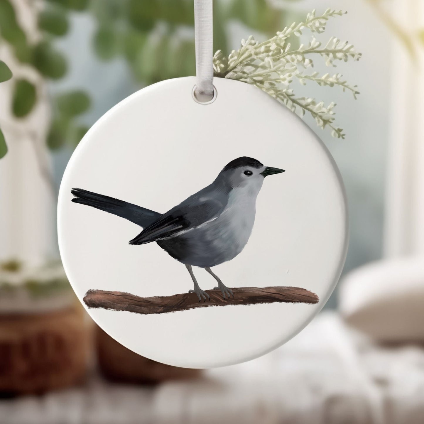 Gray Catbird Ceramic Ornament - MerikaArt
