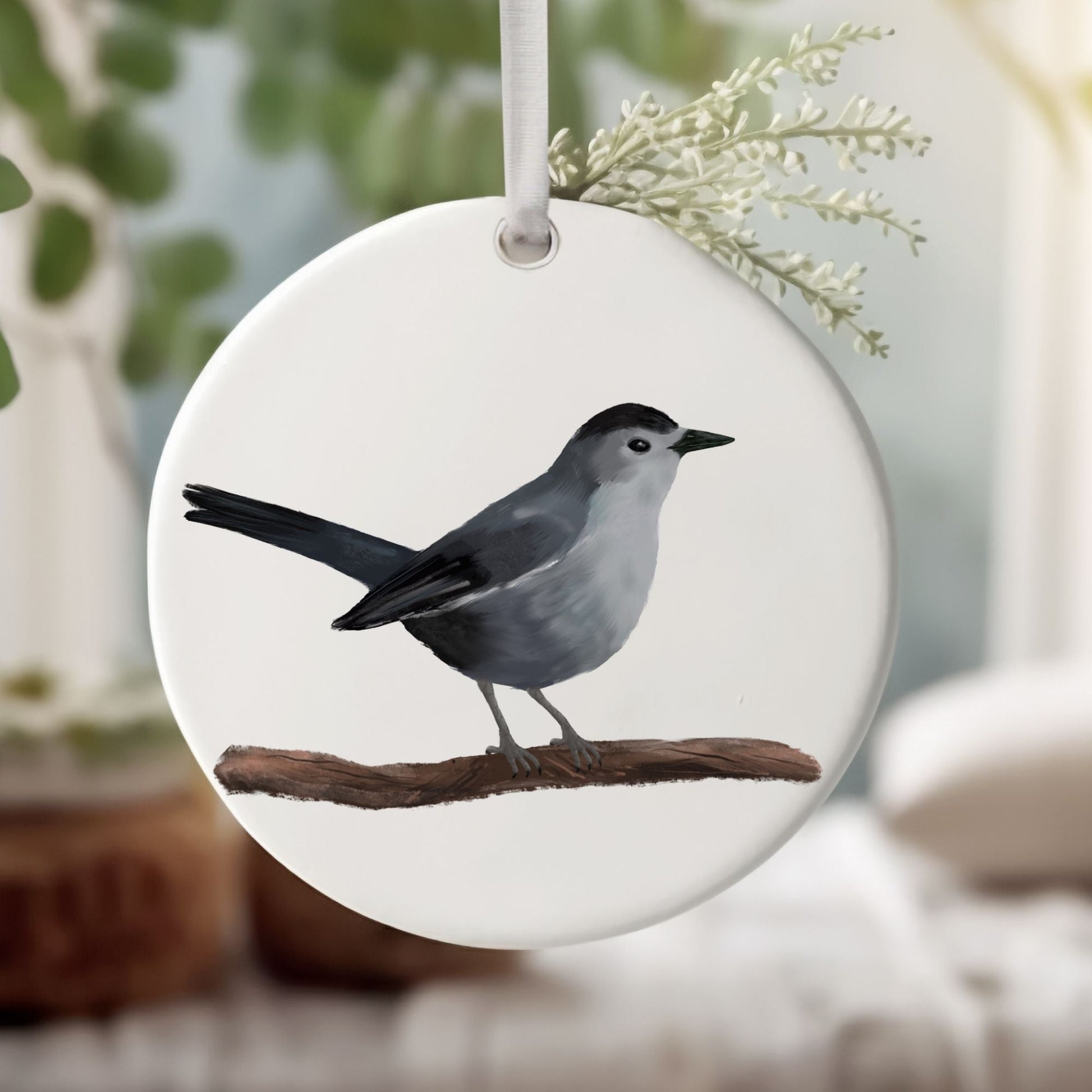 Gray Catbird Ceramic Ornament - MerikaArt